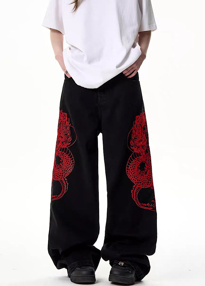 [H GANG X] Grade washed dragon silhouette design black wide denim pants HX0022