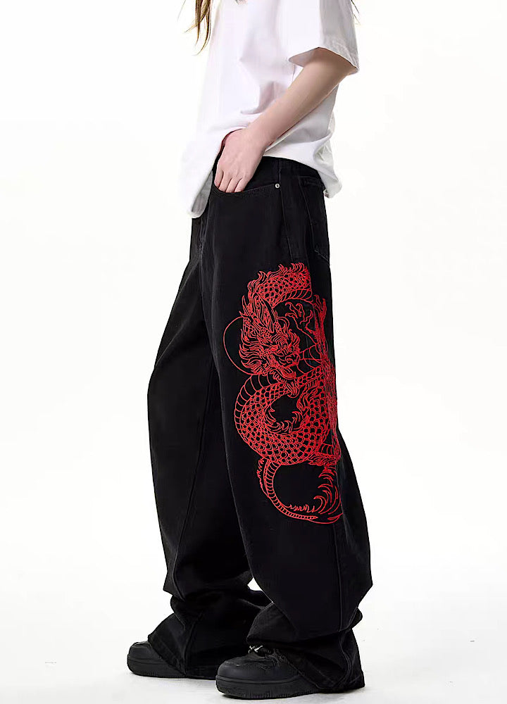 [H GANG X] Grade washed dragon silhouette design black wide denim pants HX0022