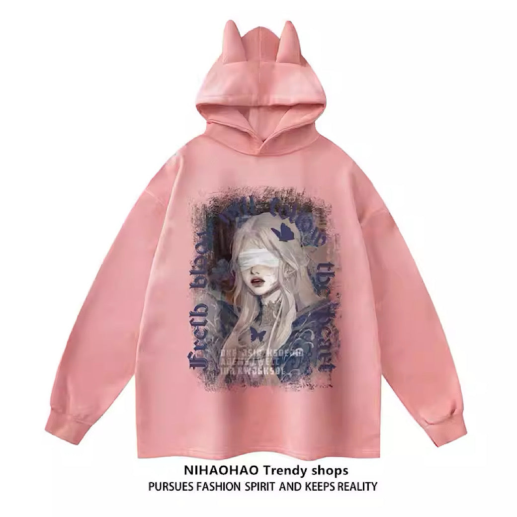【NIHAOHAO】Girl print oversized devil over hoodie  NH0062