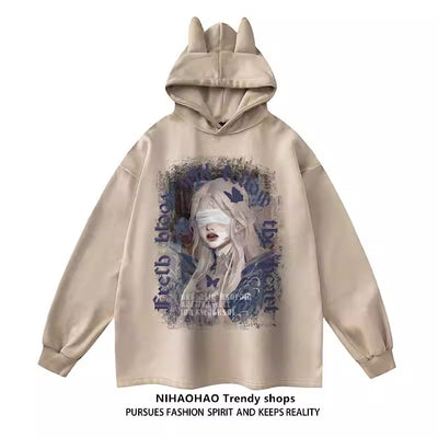 【NIHAOHAO】Girl print oversized devil over hoodie  NH0062