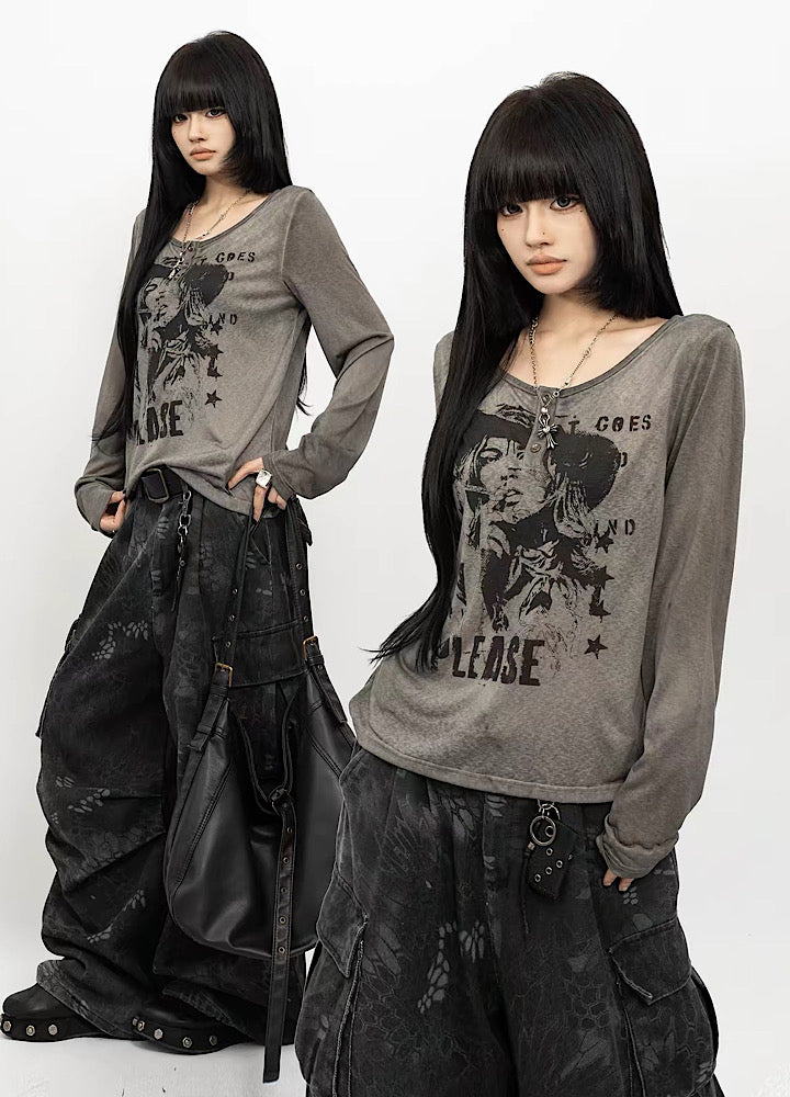 ZERO STORE】Vintage Graphic Henley Neck Long Sleeve T-shirt ZS0087