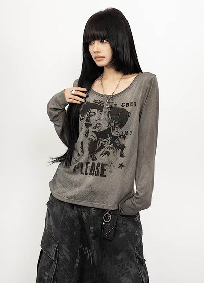 【ZERO STORE】Vintage Graphic Henley Neck Long Sleeve T-shirt  ZS0087