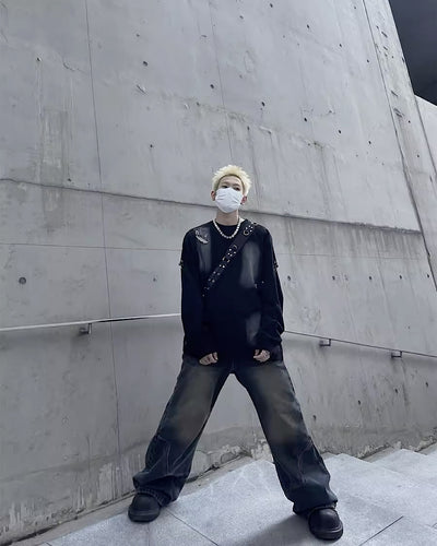 【MAXDSTR】Dirty washed design pinned damage long sleeve T-shirt  MD0086