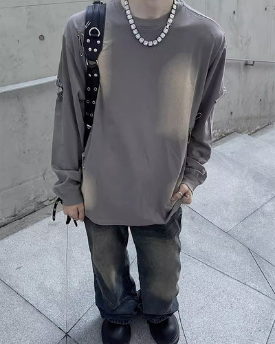 【MAXDSTR】Dirty washed design pinned damage long sleeve T-shirt  MD0086