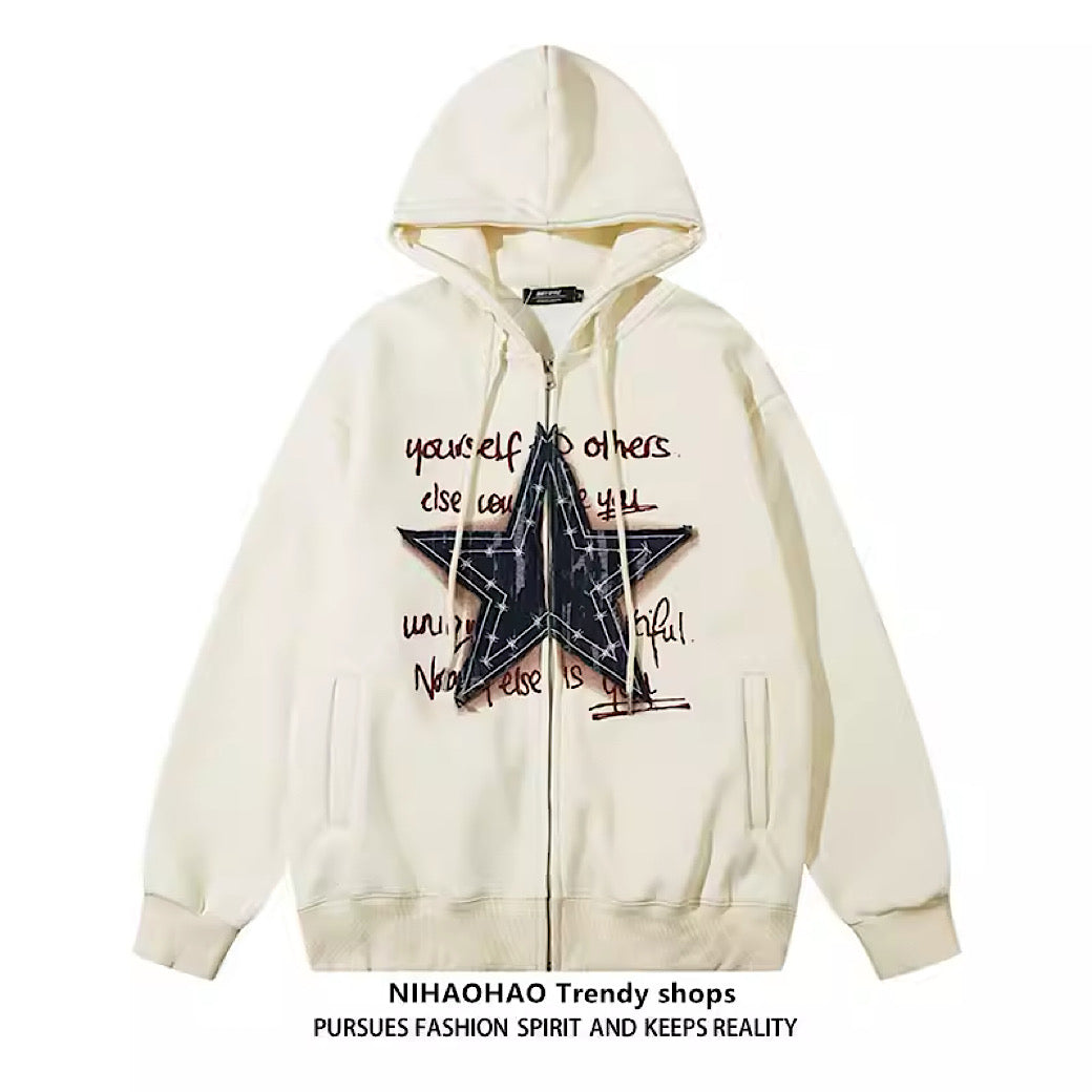 【NIHAOHAO】Casual star design full zip hoodie  NH0065