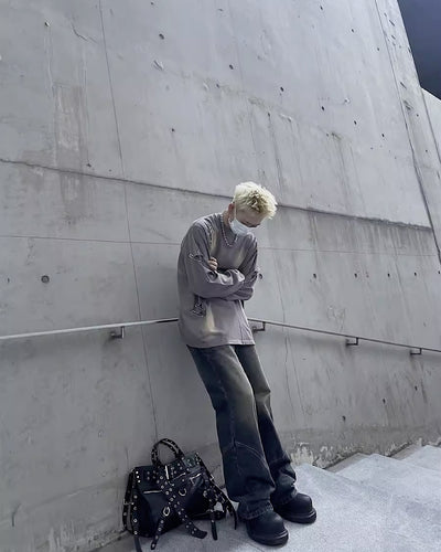 【MAXDSTR】Dirty washed design pinned damage long sleeve T-shirt  MD0086