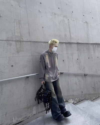 【MAXDSTR】Dirty washed design pinned damage long sleeve T-shirt  MD0086