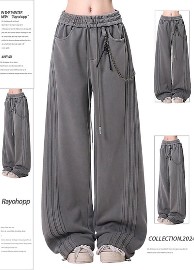 【Rayohopp】Muted base color side line design wallet chain set sweatpants  RH0160