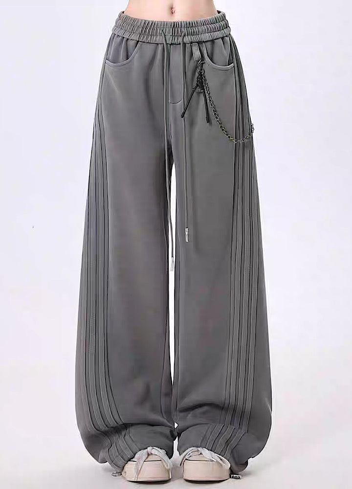 【Rayohopp】Muted base color side line design wallet chain set sweatpants  RH0160