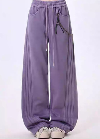 【Rayohopp】Muted base color side line design wallet chain set sweatpants  RH0160
