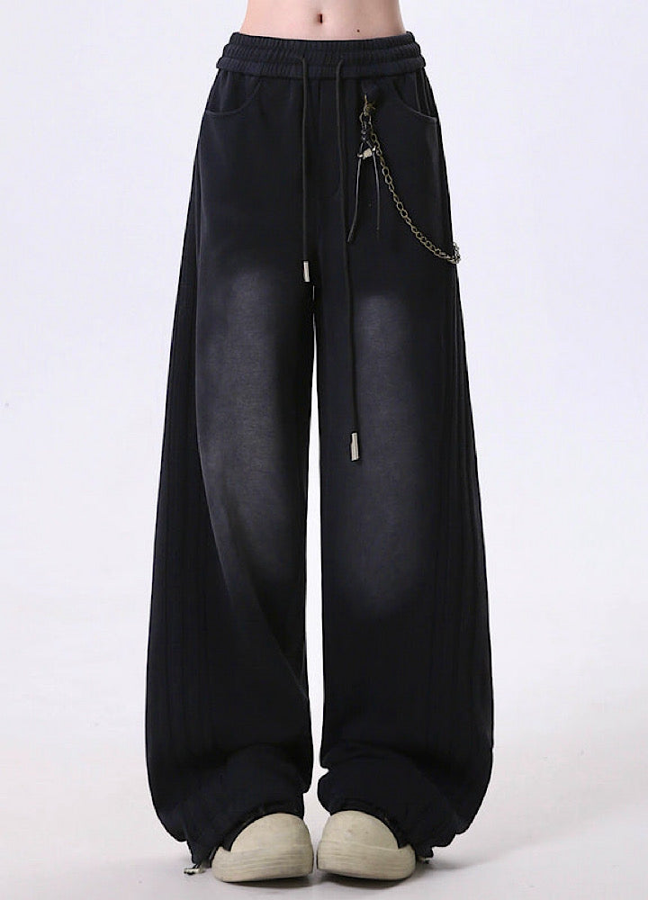 【Rayohopp】Muted base color side line design wallet chain set sweatpants  RH0160