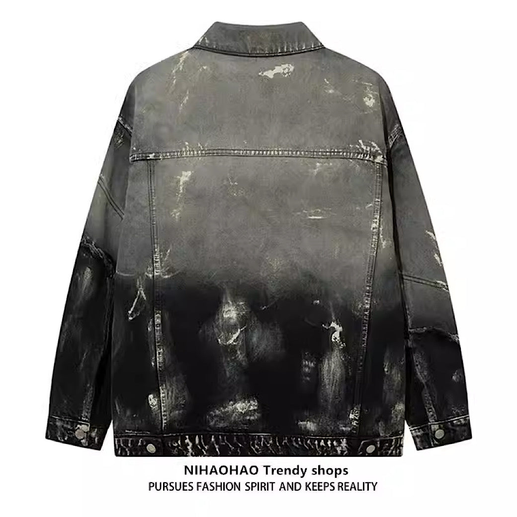 [NIHAOHAO] Asymmetric graphic distressed denim jacket NH0071