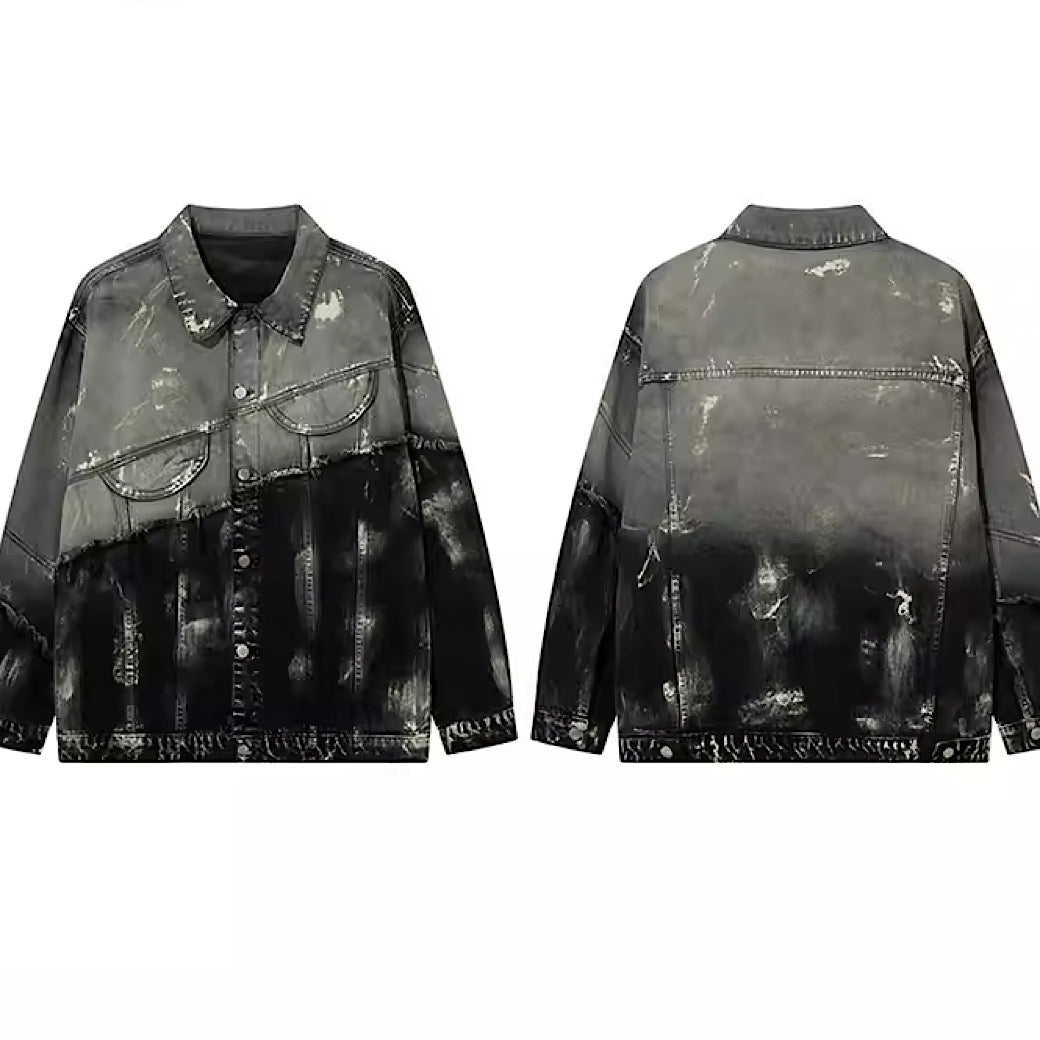 [NIHAOHAO] Asymmetric graphic distressed denim jacket NH0071