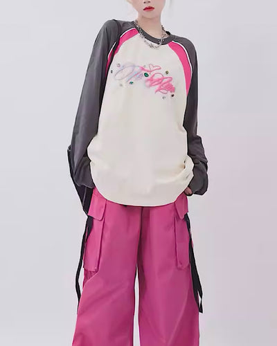 【Rayohopp】Cute design logo bicolor atmosphere long-sleeved T-shirt RH0045