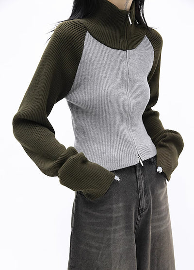 【FUZZYKON】Full zip bicolor design Y2K style knit sweater  FK0020