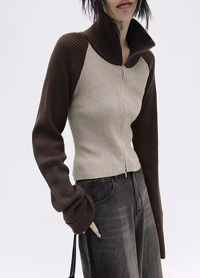 【FUZZYKON】Full zip bicolor design Y2K style knit sweater  FK0020