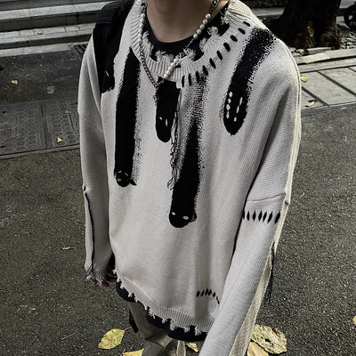 【MAXDSTR】Dirt ghost design mid-damage knit sweater  MD0099