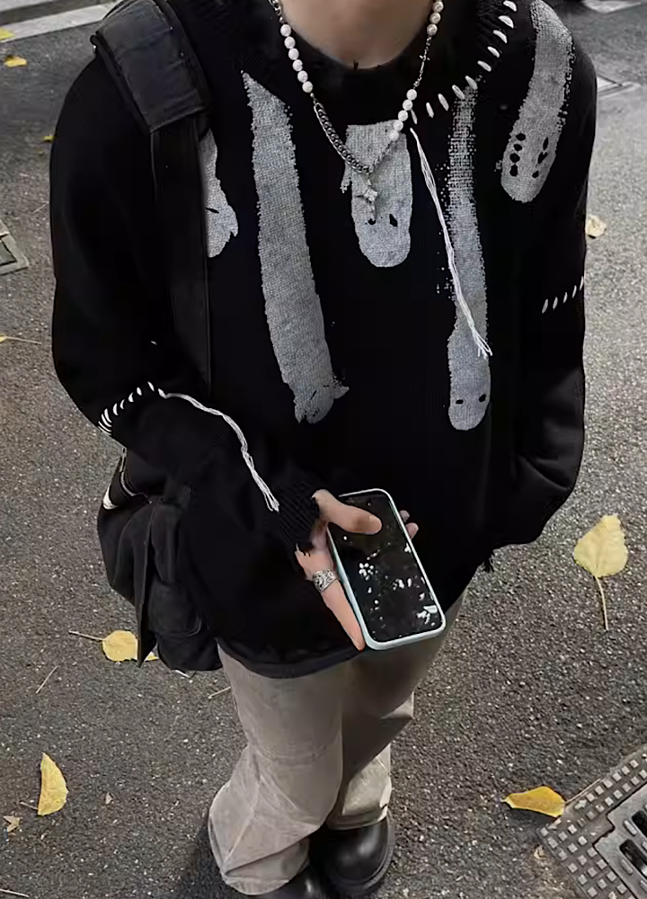 MAXDSTR】Dirt ghost design mid-damage knit sweater MD0099 – HI-LANDER