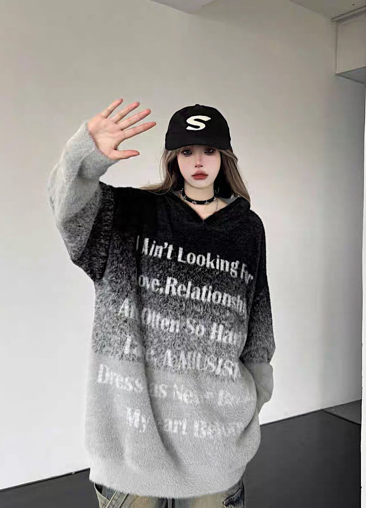 [W3] Gradient color initial fulfillment knit hoodie WO0027