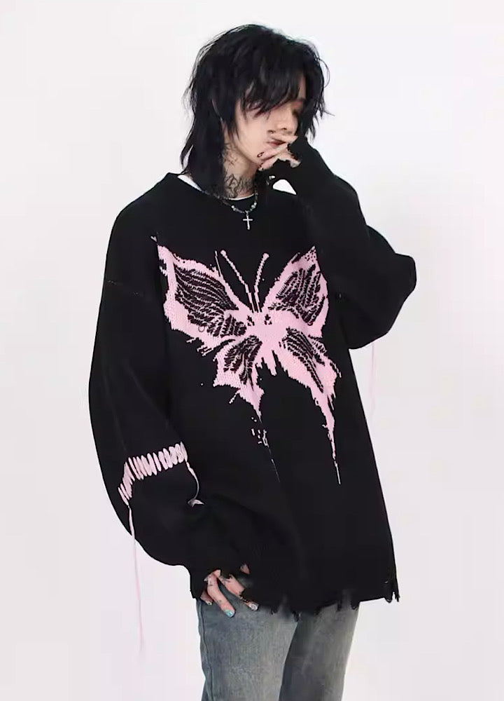 【Mz】Allover butterfly design frayed distressed knit  MZ0010