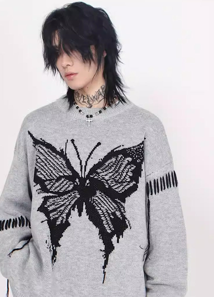 【Mz】Allover butterfly design frayed distressed knit  MZ0010