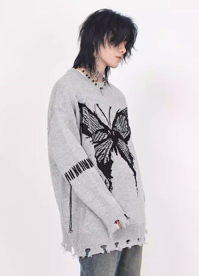 [Mz] Allover butterfly design frayed distressed knit MZ0010