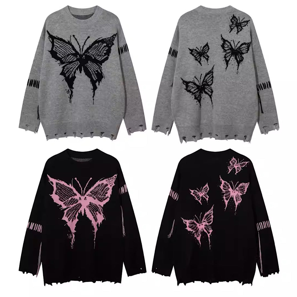 [Mz] Allover butterfly design frayed distressed knit MZ0010