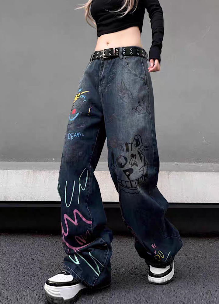 【W3】Doodle art mate design casual wide denim pants  WO0030