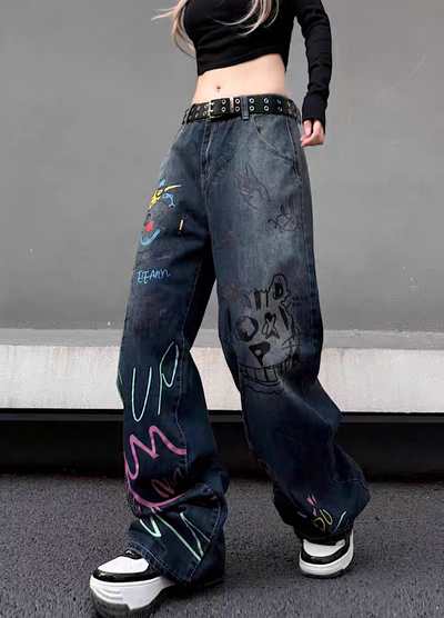 [W3] Doodle art mate design casual wide denim pants WO0030