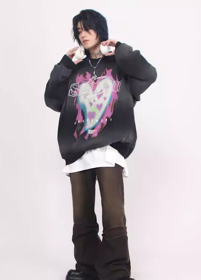 【Mz】Flame Heart Prince Design Overwash Sweatshirt  MZ0012