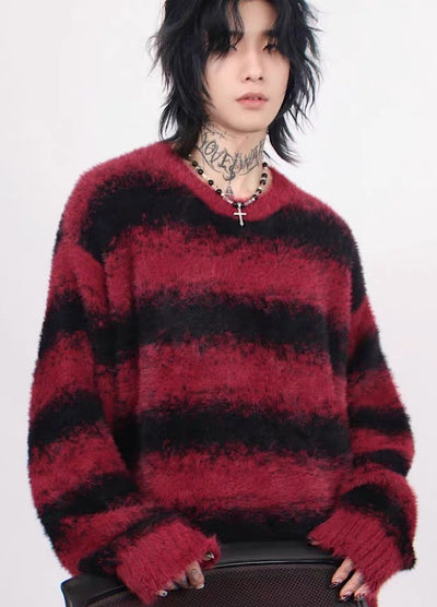 [Mz] Fur design border line loose knit sweater MZ0014