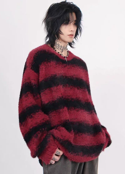 【Mz】Fur design border line loose knit sweater  MZ0014