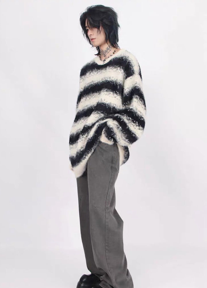 【Mz】Fur design border line loose knit sweater  MZ0014