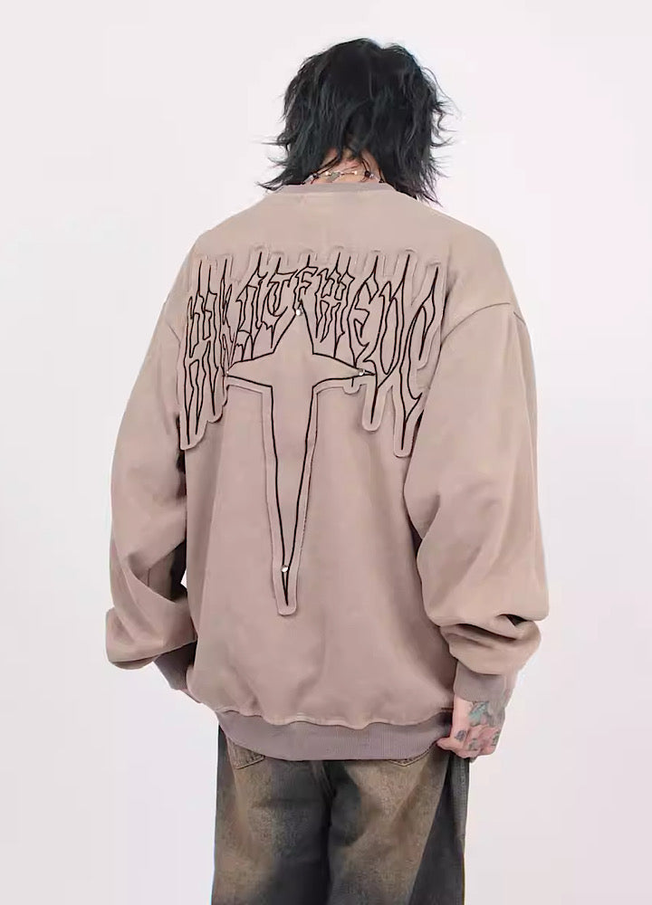 【Mz】Back Cross Flame Over Design Al Gray Sweatshirt  MZ0015