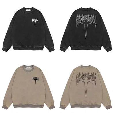 【Mz】Back Cross Flame Over Design Al Gray Sweatshirt  MZ0015