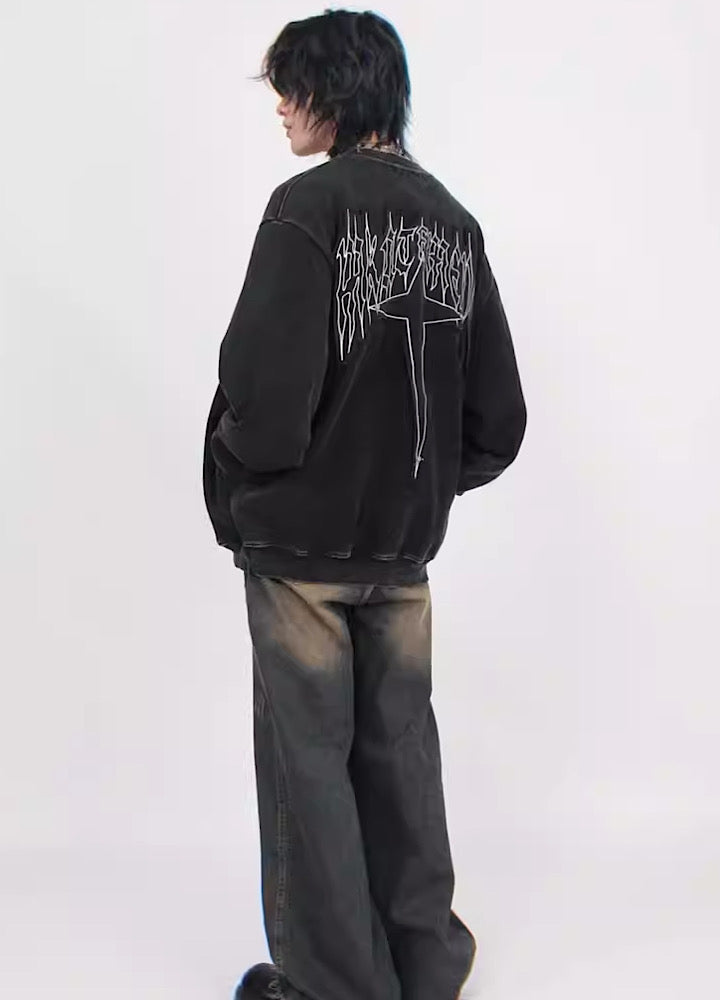 【Mz】Back Cross Flame Over Design Al Gray Sweatshirt  MZ0015