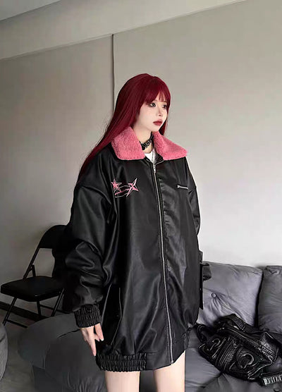 [W3] Back print design brushed lining gimmick leather jacket WO0034