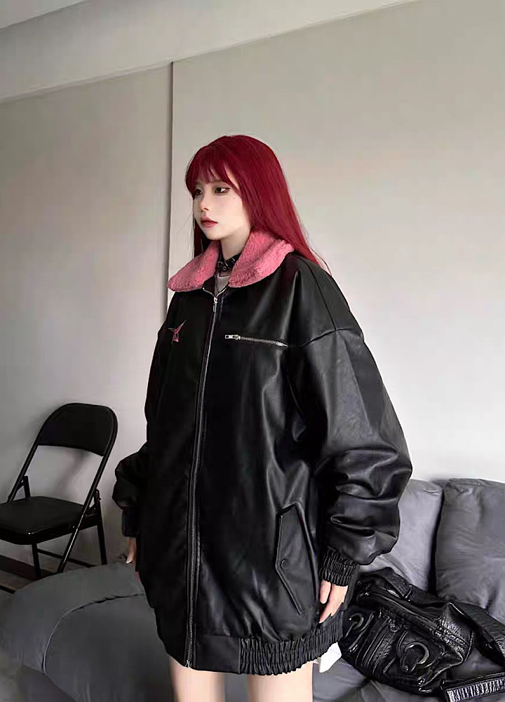 [W3] Back print design brushed lining gimmick leather jacket WO0034