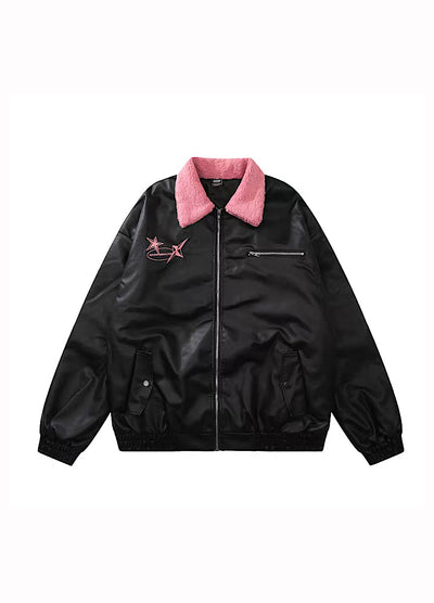 【W3】Back print design brushed lining gimmick leather jacket  WO0034