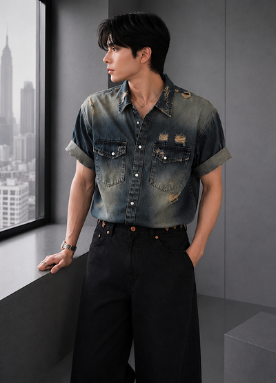 【MRCYC】Vintage-like washed and distressed denim short-sleeved shirt  MM0004