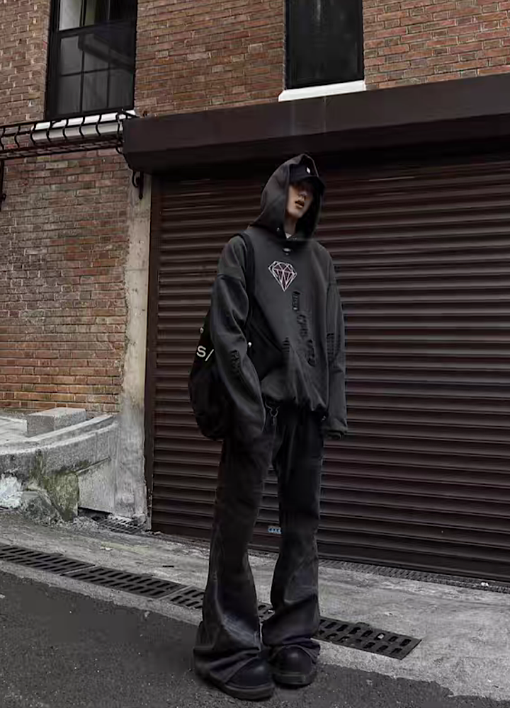 【MAXDSTR】Mid-rise distressed design vintage street type hoodie  MD0109