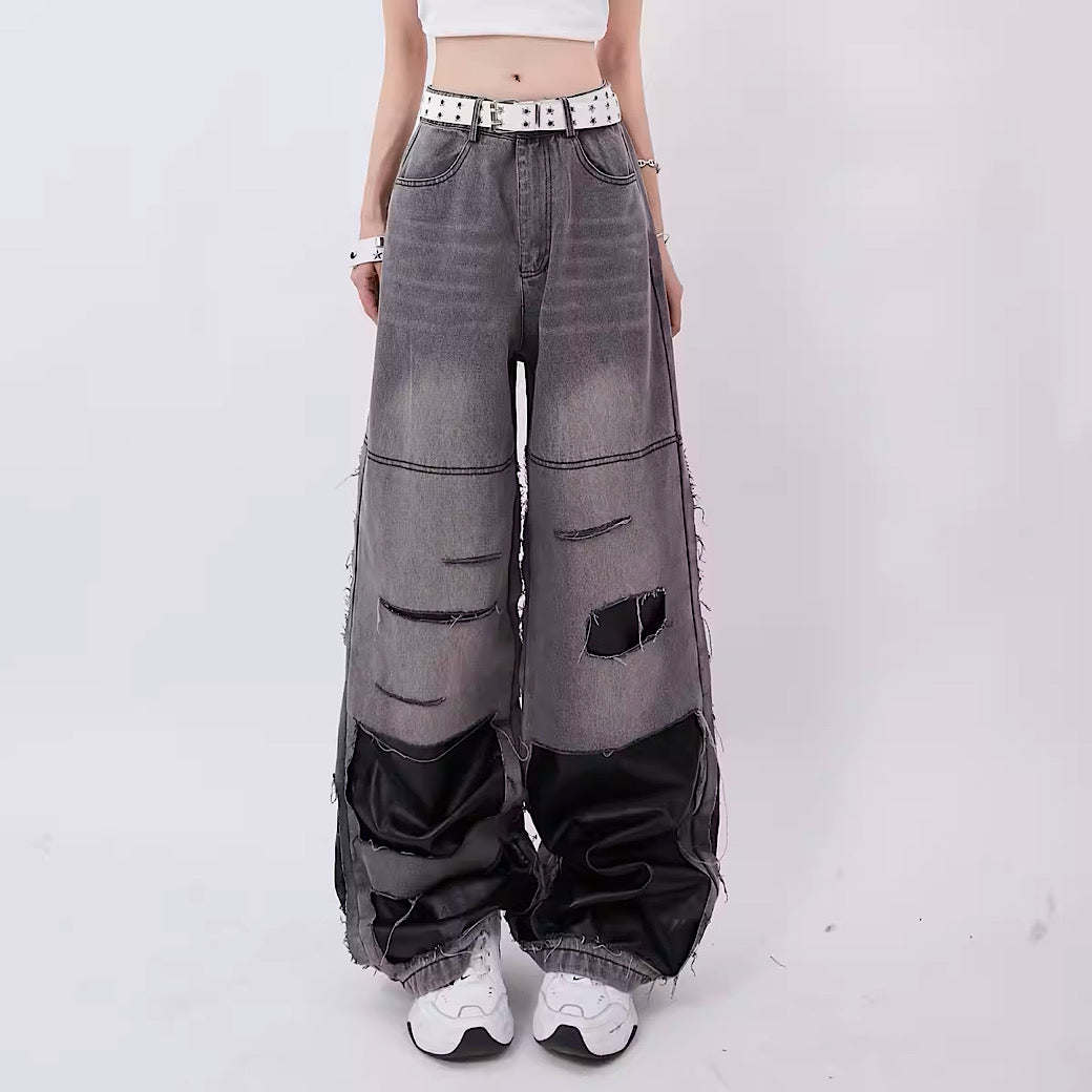 【Rayohopp】Innerless design frayed gimmick patchwork denim pants  RH0067