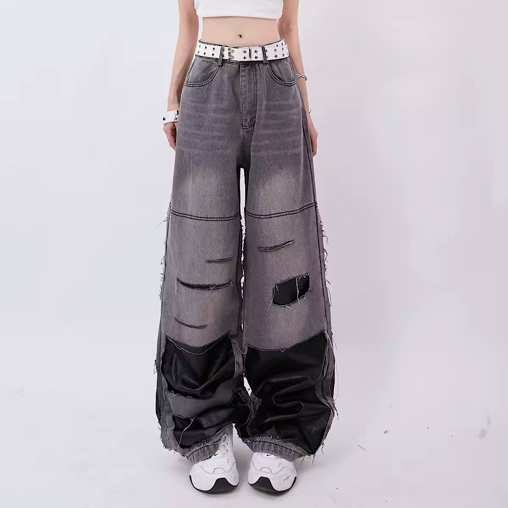 【Rayohopp】Innerless design frayed gimmick patchwork denim pants RH0067 ...