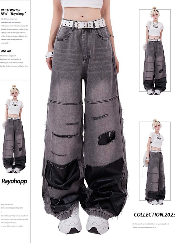 [Rayohopp] Innerless design frayed gimmick patchwork denim pants RH0067
