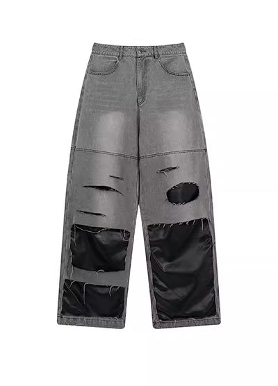 [Rayohopp] Innerless design frayed gimmick patchwork denim pants RH0067