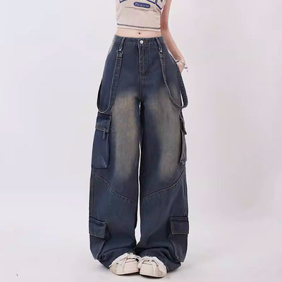 【Rayohopp】Washed simple design suspender cargo pants  RH0068