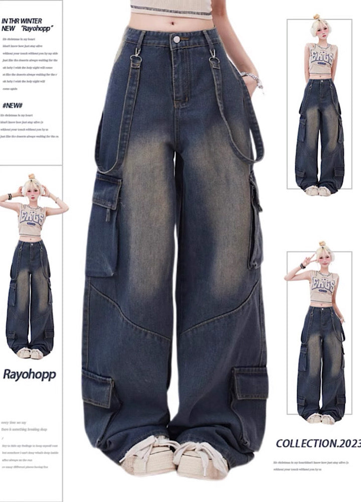 【Rayohopp】Washed simple design suspender cargo pants  RH0068