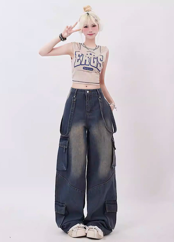 【Rayohopp】Washed simple design suspender cargo pants  RH0068