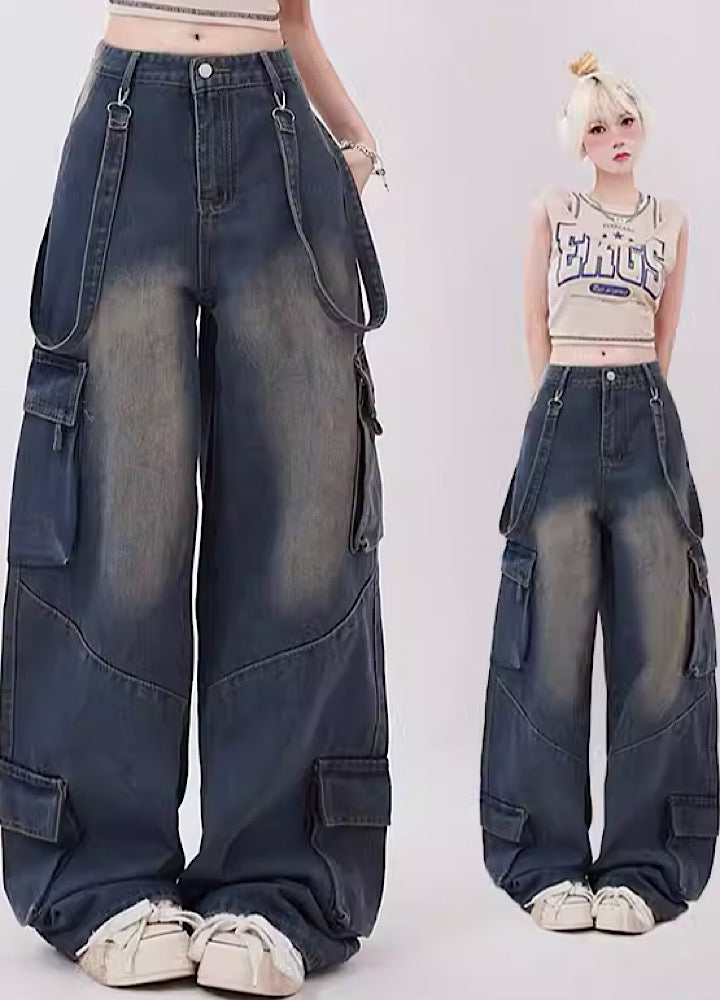 【Rayohopp】Washed simple design suspender cargo pants  RH0068