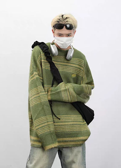 【MAXDSTR】Border color design loose silhouette knit sweater  MD0112